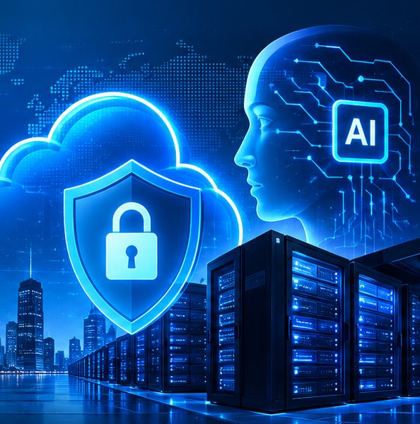 Cloud, security shield and AI illustration